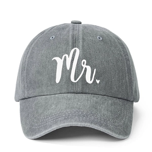 Adjustable grey washed denim baseball cap featuring a white printed Mr. and heart logo