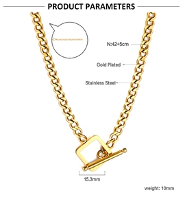 Detail of gold plated stainless steel necklace featuring a square toggle clasp with dimensions
