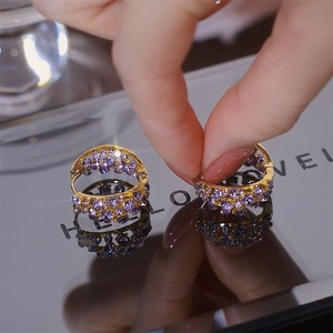 Elegant gold-plated hoop earrings with micro-paved purple cubic zirconia stones