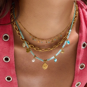 Multilayer beaded necklace with gold stainless steel chains and various shaped charms