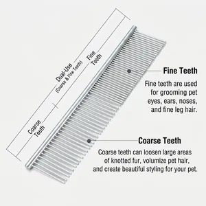 Stainless steel pet grooming comb with fine and wide teeth for dogs with long hair