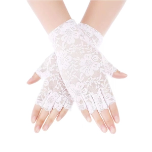 Close-up detail of pink floral lace sun protection fingerless gloves for weddings