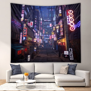 Cyberpunk Japanese street wall tapestry with neon lights for modern room decoration