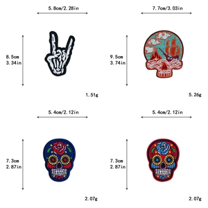 Detailed size chart for Halloween skull and pirate ship embroidered iron-on patches