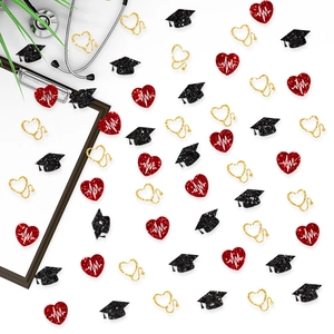 Medical nurse graduation confetti set with glitter hearts, stethoscopes, and grad caps