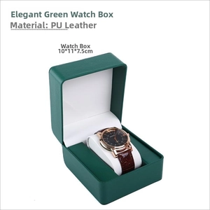 Detail of dark green PU leather watch box showing dimensions 10x11x7.5cm and soft inner lining