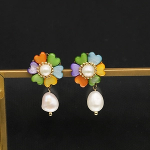 Vintage floral pearl drop earrings with colorful shell petals and golden finish charms