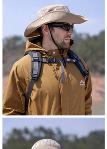 Detail of sand-colored outdoor sun hat with adjustable wind rope and breathable eyelets