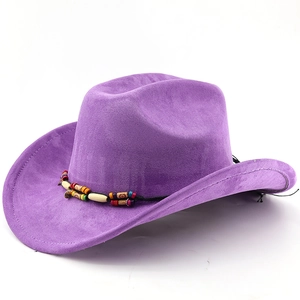 Detail of purple faux suede cowboy hat with colorful ethnic beads and rolled brim