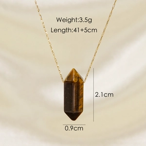 Detail of tiger eye hexagonal stone pendant with gold chain and size specifications