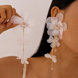 Orecchini Lunghi Con Nappa A Fiore In Chiffon Con Perno In Argento Rame Perla Di Vetro Gioielli Eleganti Da Spiaggia