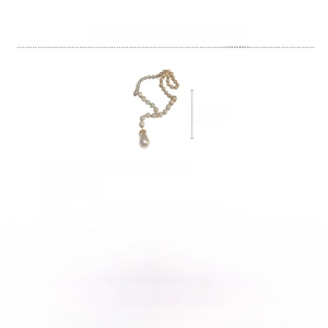 Detailed view of long glass pearl necklace with large teardrop pendant and sizing info