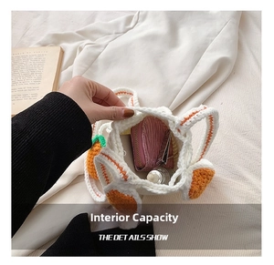 Internal capacity of handmade crochet bunny bucket bag showing small personal essentials