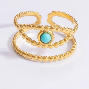 Macro view of gold double layer open ring with a round turquoise gemstone inlay