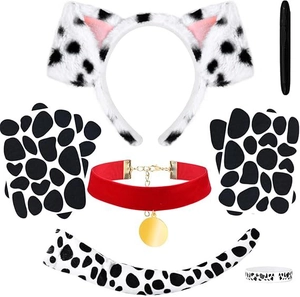 Dalmatiner Cosplay-Set aus Kunstpelz mit Hundeohren-Haarreif, rotem Halsband und Schwanz
