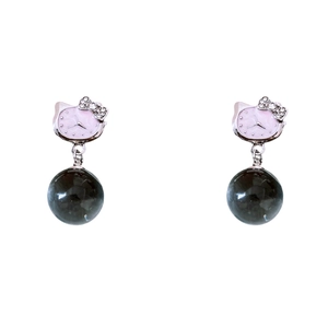 Elegant cat earrings with pink dials, silver rhinestones, and black spherical pendants