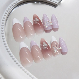 French manicure press-on nails with 3D pearl flowers and butterflies on mirror