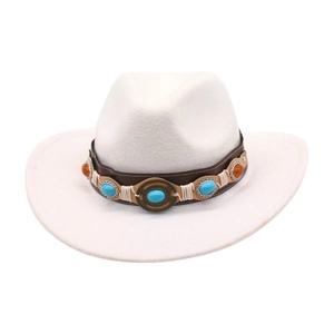 Detail of white felt cowboy hat featuring leather band with turquoise and amber stones