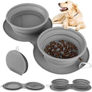Silicone Foldable Pet Bowl Dual Slow Feeder Portable Travel Non-Slip Dog Cat Food Water Bowl With Carabiner