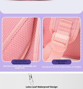 Detail of pink waterproof fabric with water droplets and breathable mesh shoulder straps