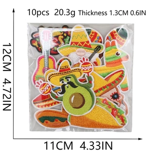 Set of 10 Mexican festive iron-on embroidery patches with avocado and guitar designs