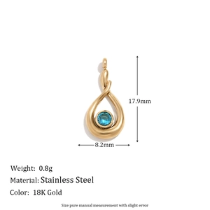 18K gold plated stainless steel teardrop pendant with blue cubic zirconia stone center