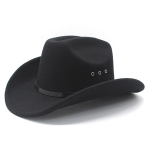 Detail view of black wool cowboy hat featuring silver ventilation eyelets and flat brim