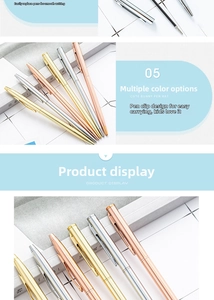 Detailed view of elegant metallic ballpoint pens in gold, silver, and rose gold finishes