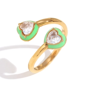 18K gold plated heart ring with green enamel and white zircon in an open design