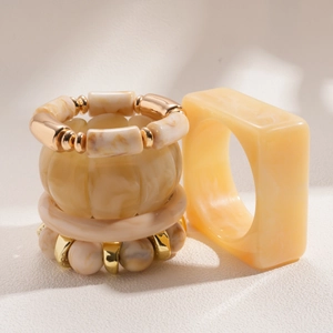 Bohemian cream resin bangle set and square marble ring with gold accents for women