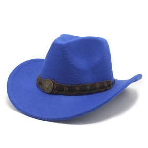 Royal blue wool western cowboy hat with brown braided leather band and metal star