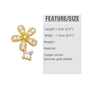Detail view of flower stud earring size parameters with clear zircon and gold plating