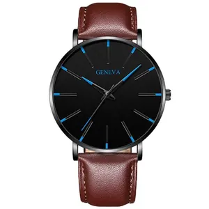 Detail shot of Geneva watch with brown leather strap and blue markers on black dial