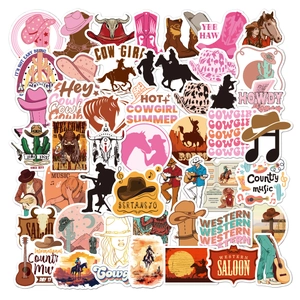 Detailed view of assorted western cowboy stickers featuring hats boots and horses