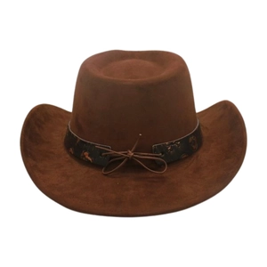Detail of dark brown western cowboy hat featuring ethnic pattern band and bow decoration