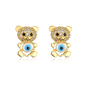 Detail of 18K gold-plated bear stud earrings with zircon crystals and evil eye pattern