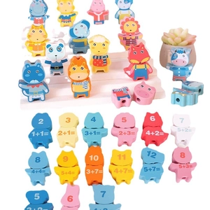 Educational wooden lacing beads with animal shapes and math numbers for child learning