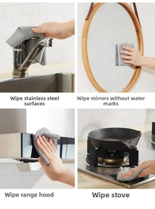 Detailed views of grey microfiber cleaning cloths on sinks, mirrors, and stove surfaces