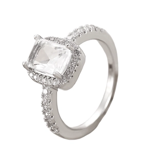 Macro shot of silver adjustable ring with square zircon and pave-set crystals