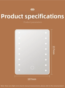 Detailed view of LED makeup mirror showing dimensions of 217mm height and 167mm width