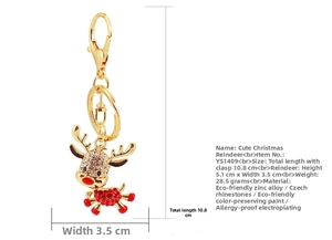 Detailed view of rhinestone Christmas reindeer keychain with dimension markings and sizes