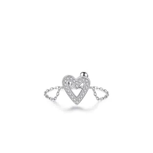 Anello A Catena Regolabile Con Cuore Traforato Argento Sterling 925 Con Zirconi Gioielli Dolci Minimalisti Da Donna