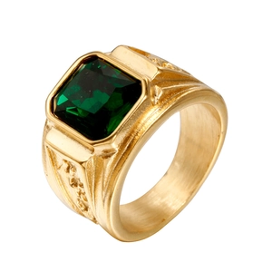 Detailed side view of men's gold titanium ring featuring a square emerald green gemstone