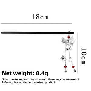 Detailed view of butterfly tassel hair stick with 18cm length and 10cm pendant measurements