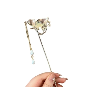 Exquisite gold butterfly hair pin with white pearl tassels and rhinestone accents