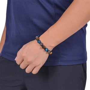 Handmade woven 10mm blue tiger eye stone beaded bracelet for men on male wrist