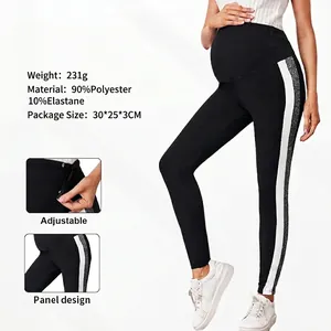 Legging De Maternité Taille Haute Soutien Ventre Pantalon De Sport Grossesse Réglable Yoga Rayures Contrastées Femme