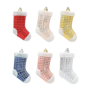 Set of six colorful checkered Christmas stocking ornaments with white faux fur trim