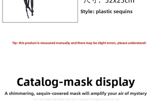 Detail view of black sequined handheld masquerade mask measuring 32x23cm for parties