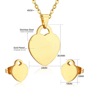 Detailed size specifications for gold plated stainless steel heart jewelry set